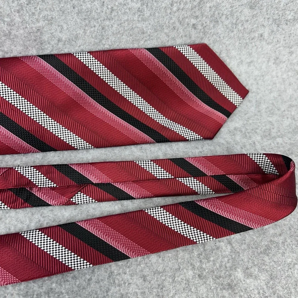 Mens 100% Silk Wide Striped Necktie Red Black White Self Tipped 60